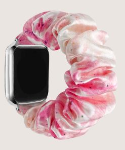 Pink floral satin scrunchie Apple Watch band with elastic fabric strap