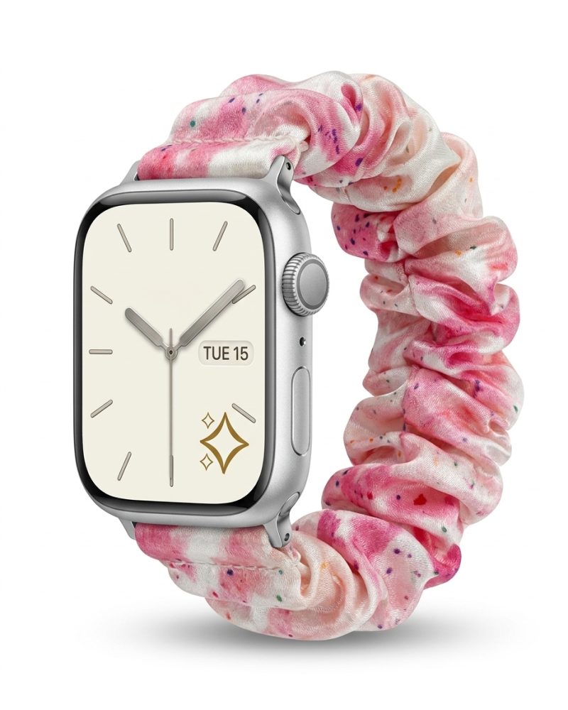 Apple Watch with pink floral satin scrunchie fabric band strap