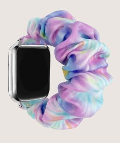Colorful gradient satin scrunchie watch band with pastel tie-dye pattern