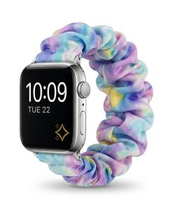 Apple Watch with rainbow pastel satin scrunchie strap band