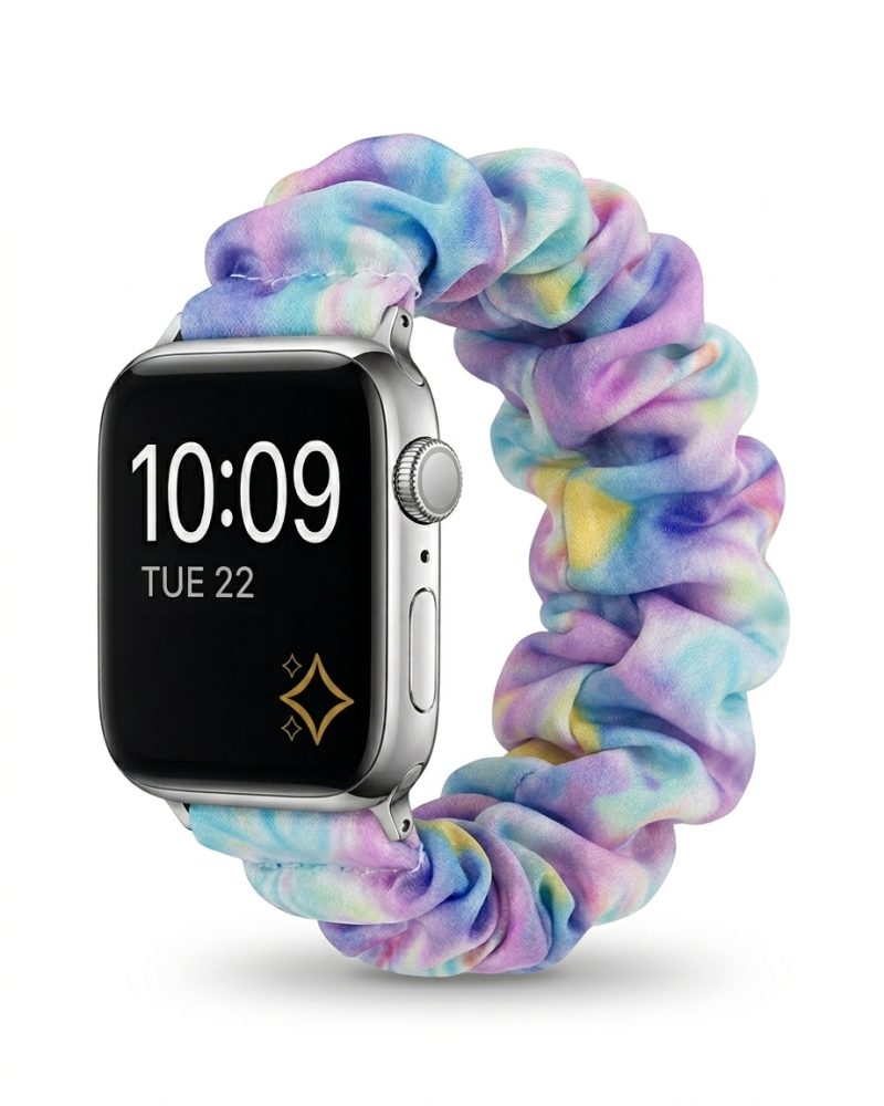 Apple Watch with rainbow pastel satin scrunchie strap band