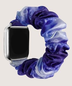 Silver smartwatch with purple satin scrunchie strap accessory