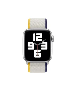 Silver smartwatch with colorful striped fabric sport loop band