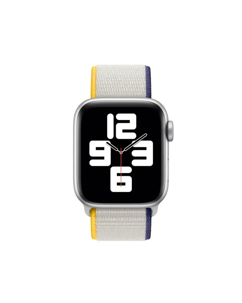 Silver smartwatch with colorful striped fabric sport loop band