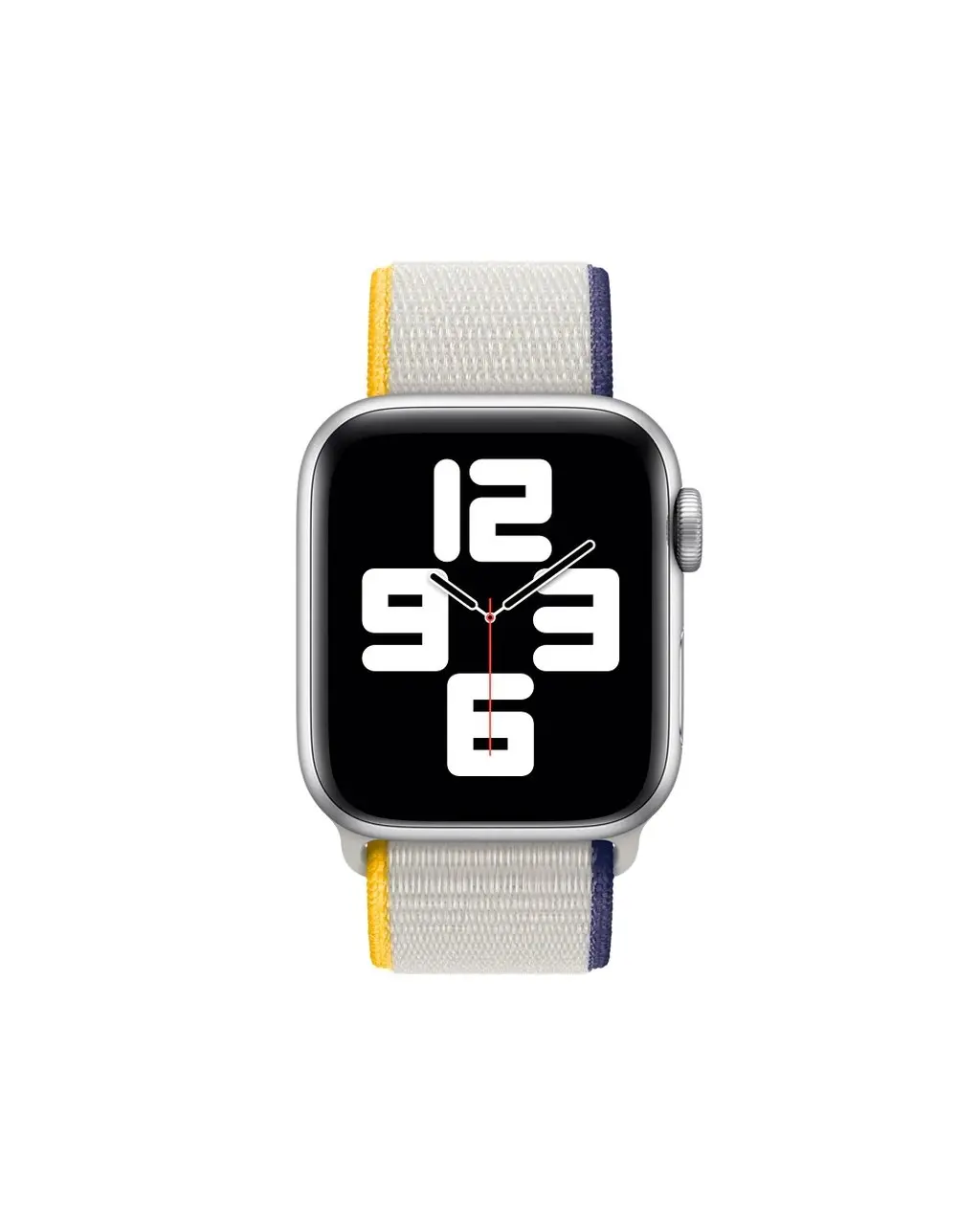 Silver smartwatch with colorful striped fabric sport loop band