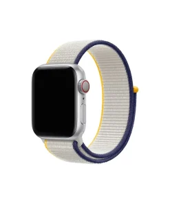 Apple Watch silver aluminum case with navy, cream, and yellow sport loop band