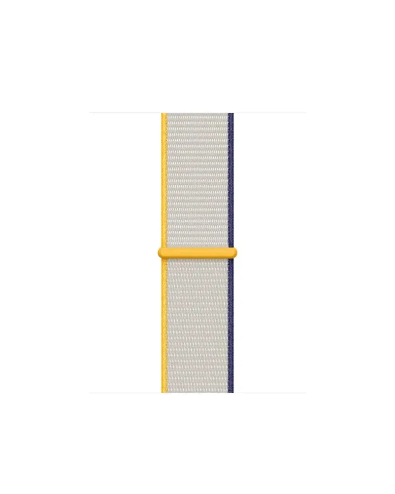 Woven sport loop watch band in sea salt gray with yellow and navy stripe