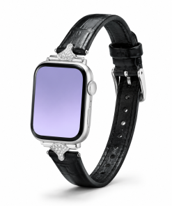 Black leather Apple Watch band with silver crystal charms for women