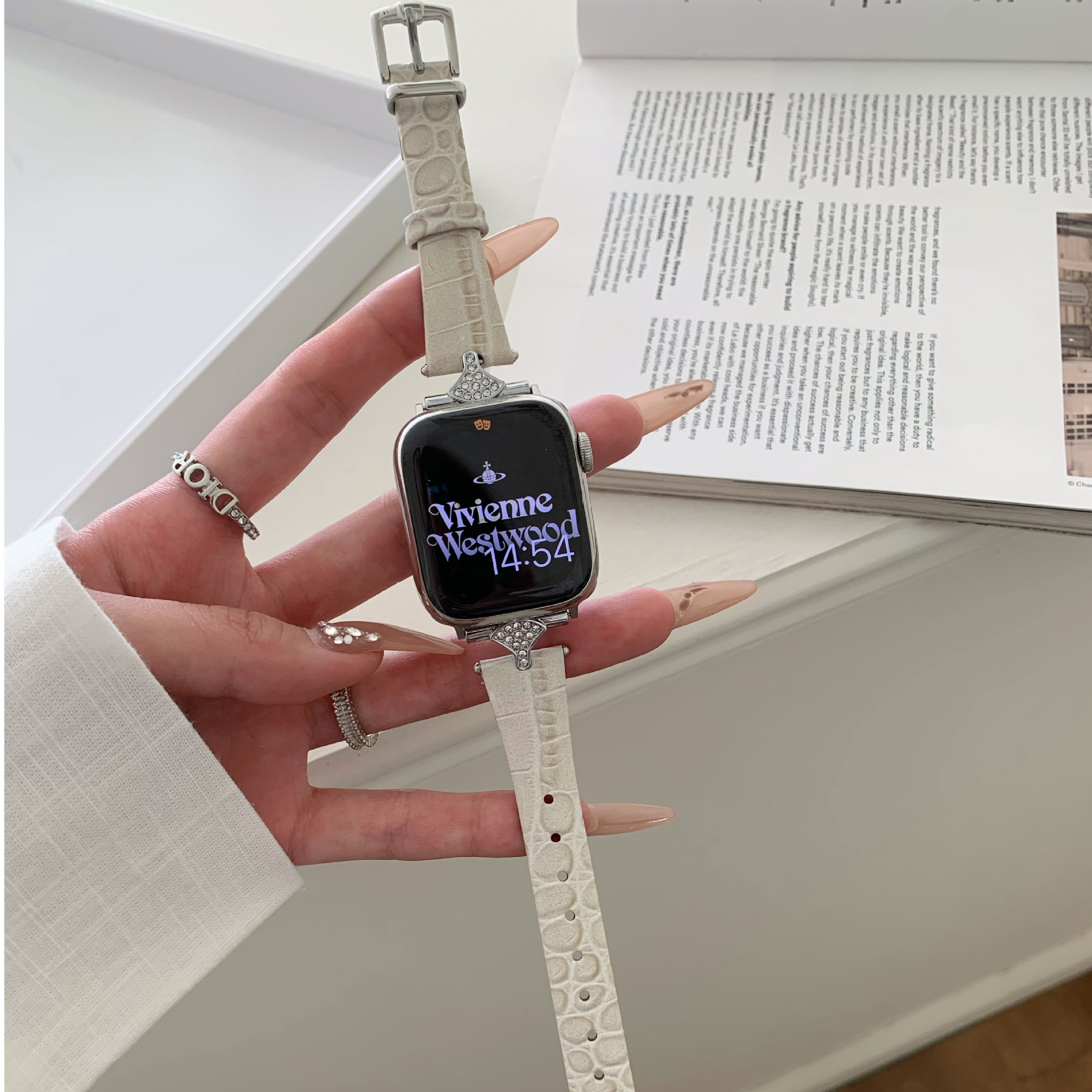 Vivienne Westwood cream leather Apple Watch band with crystal buckle detail