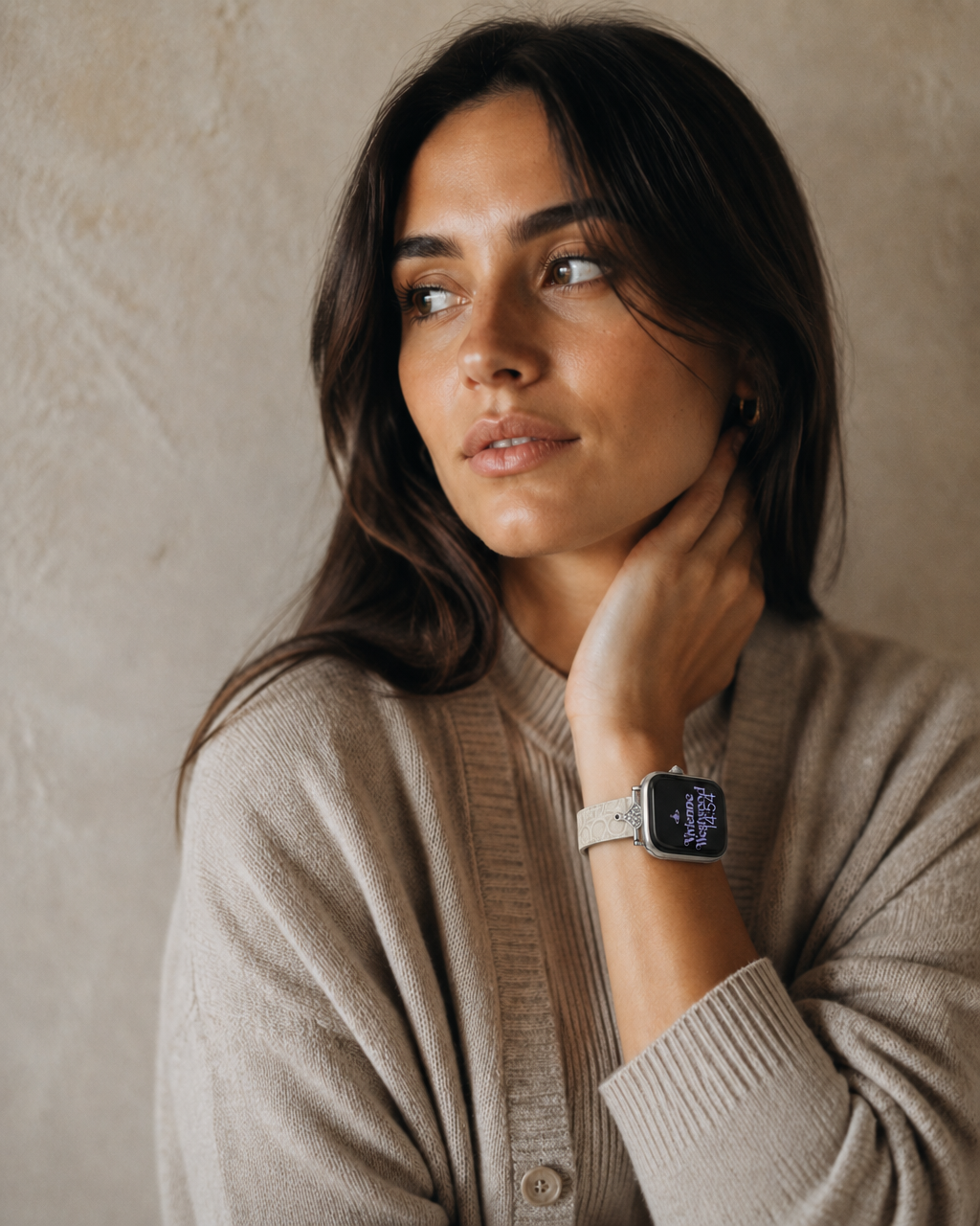 Woman wearing Sophia Leather Strap Cappuccino Apple Watch Band with crystal buckle