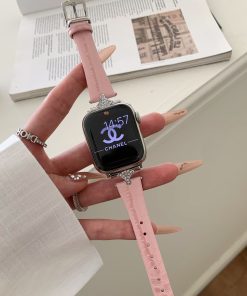 Luxury pink leather Apple Watch band with rhinestone charm accent