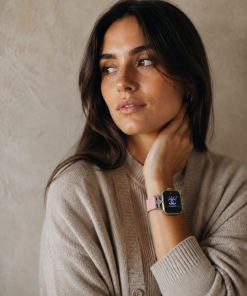 Sophia pink leather strap smartwatch band with digital display on woman's wrist