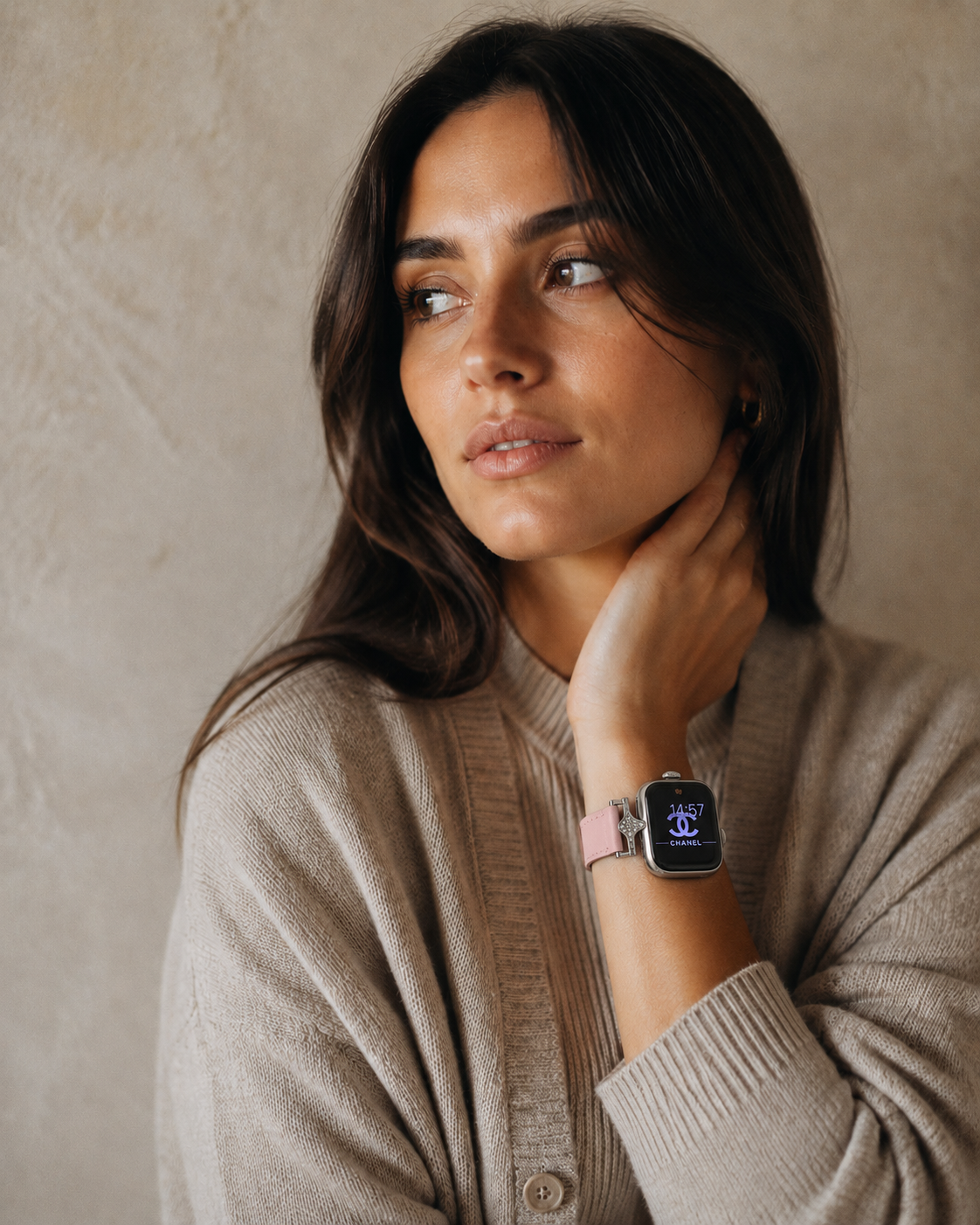 Sophia pink leather strap smartwatch band with digital display on woman's wrist