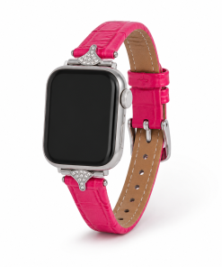 Crimson leather Apple Watch band with crystal embellishments and tan interior lining