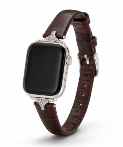 Dark brown crocodile leather Apple Watch band with crystal embellishments and silver hardware