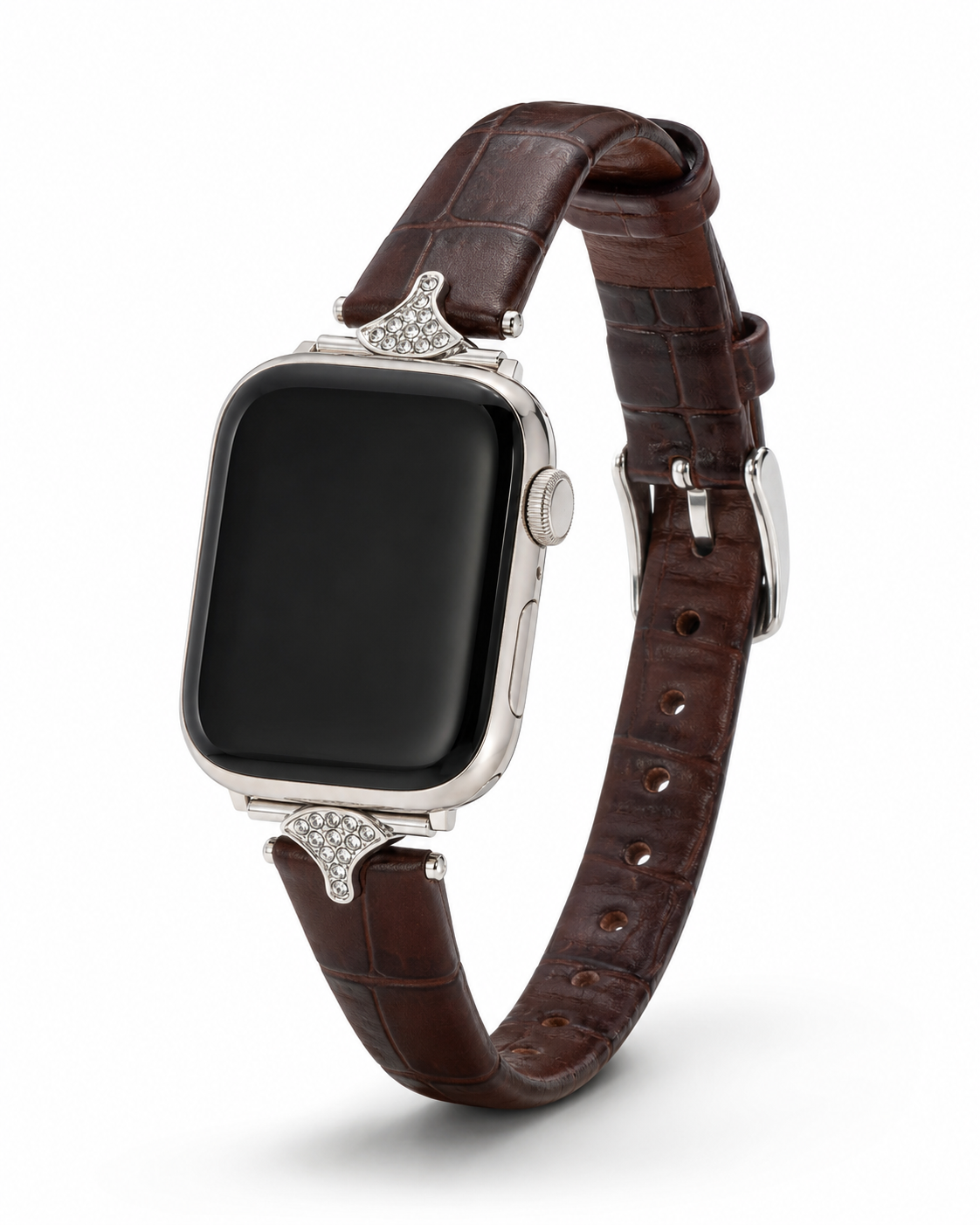 Dark brown crocodile leather Apple Watch band with crystal embellishments and silver hardware