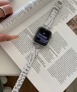 White leather Apple Watch band with crystal embellishments and metal case