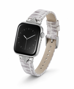 Gray leather Apple Watch band with crystal embellished connectors and silver hardware