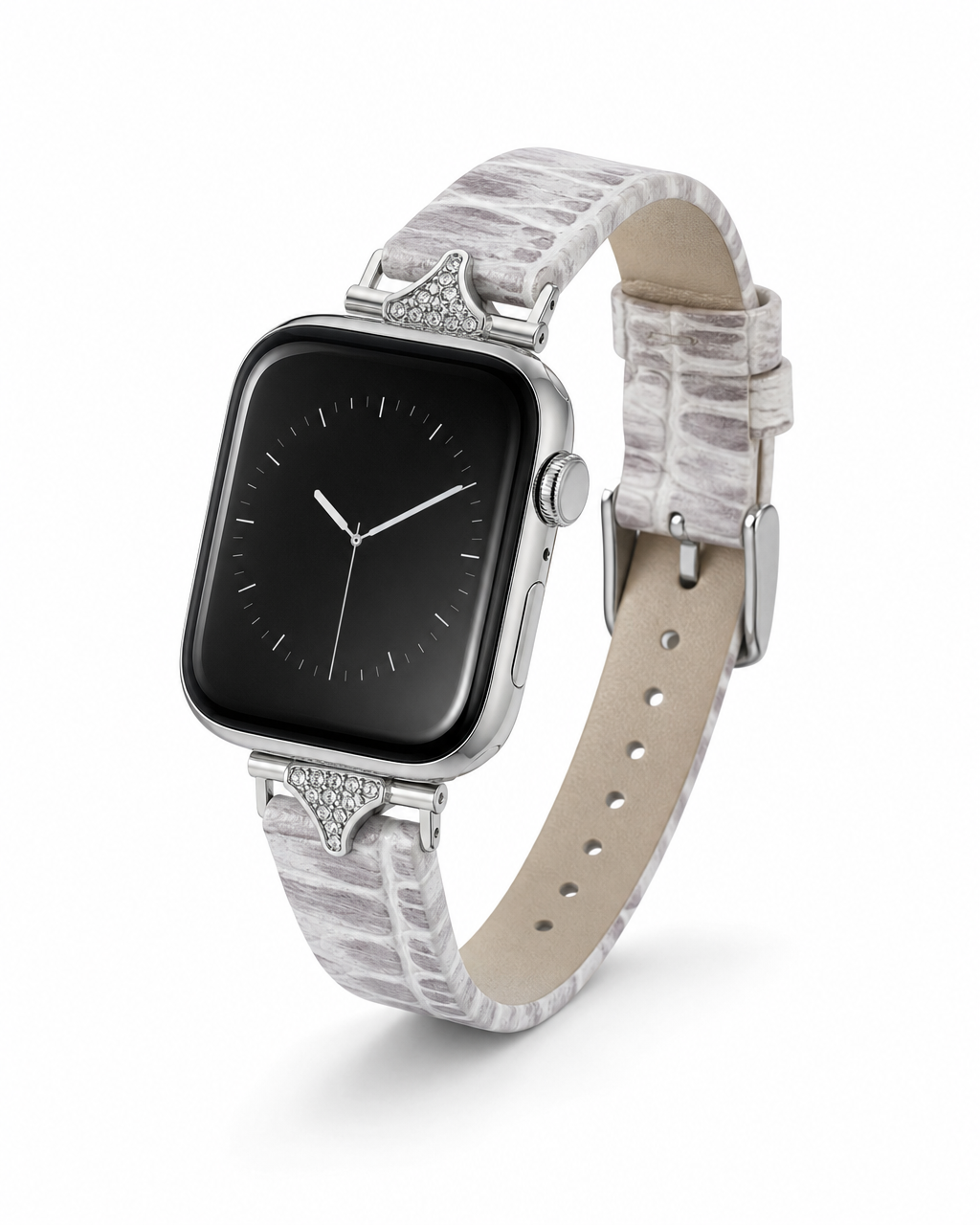 Gray leather Apple Watch band with crystal embellished connectors and silver hardware