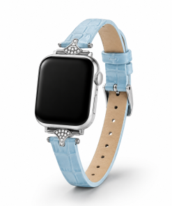 Lake blue crocodile leather Apple Watch band with diamond-studded silver connector