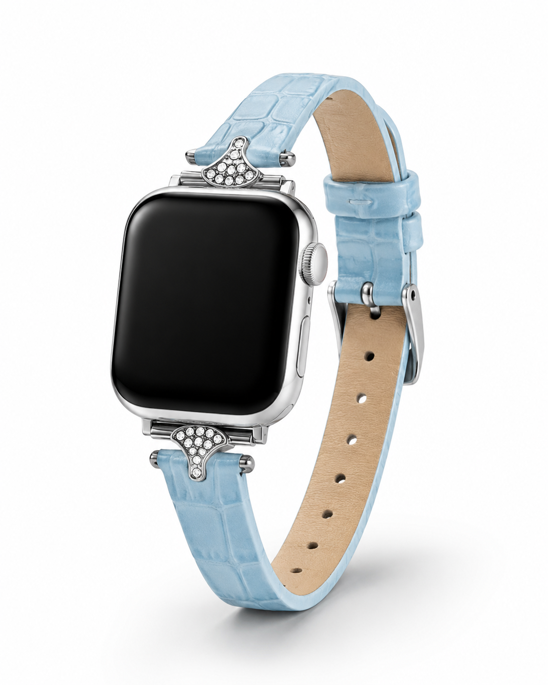 Lake blue crocodile leather Apple Watch band with diamond-studded silver connector