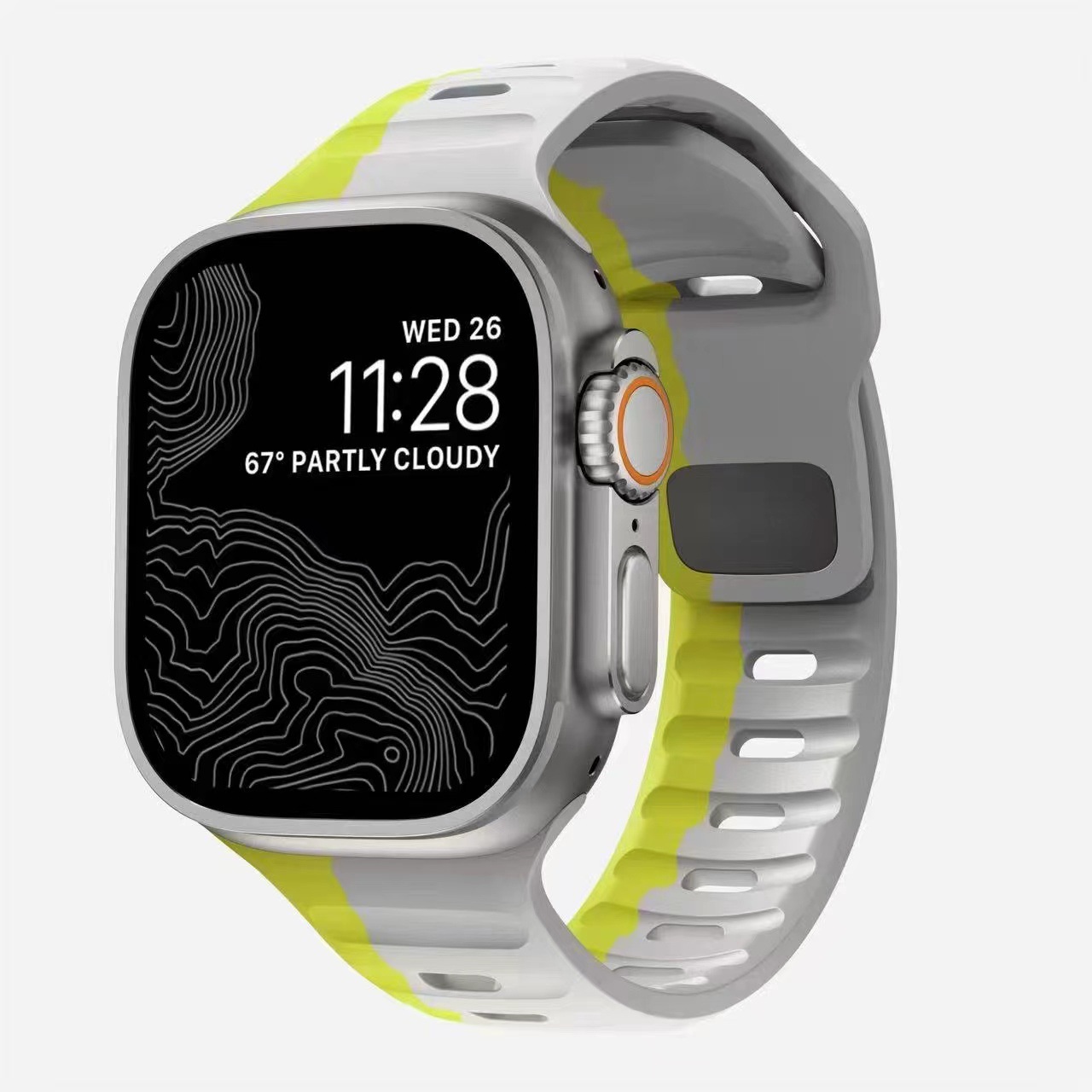 Fluorescent yellow and gray sport smartwatch band with silicone strap