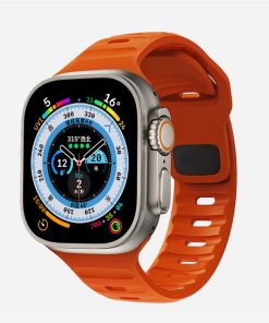 Orange sport smartwatch with digital compass dial and silicone band strap