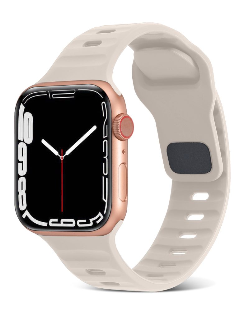 Rose gold smartwatch with cream sport silicone band and starlight dial