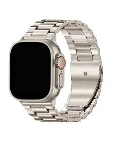Stainless steel smartwatch with silver metal band and orange digital crown