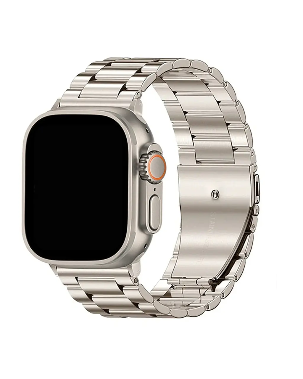 Stainless steel smartwatch with silver metal band and orange digital crown