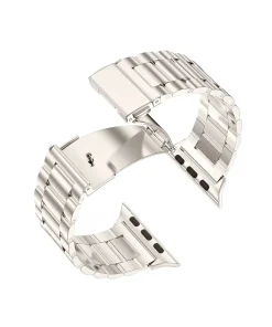 Silver stainless steel smartwatch band with secure butterfly closure clasp