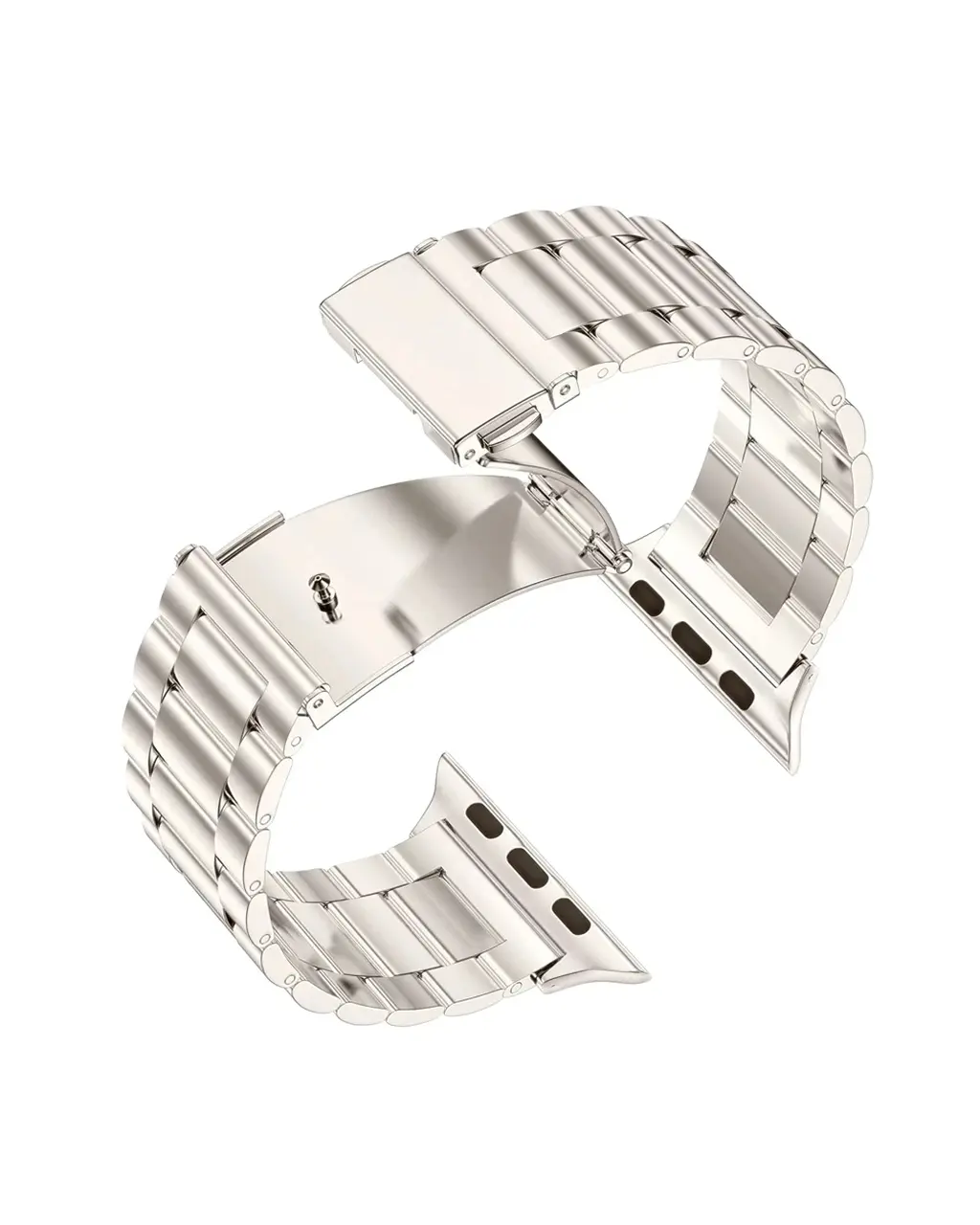Silver stainless steel smartwatch band with secure butterfly closure clasp