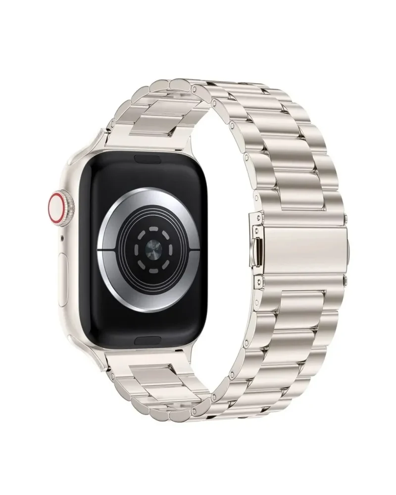 Silver stainless steel smartwatch band with metal link bracelet connector