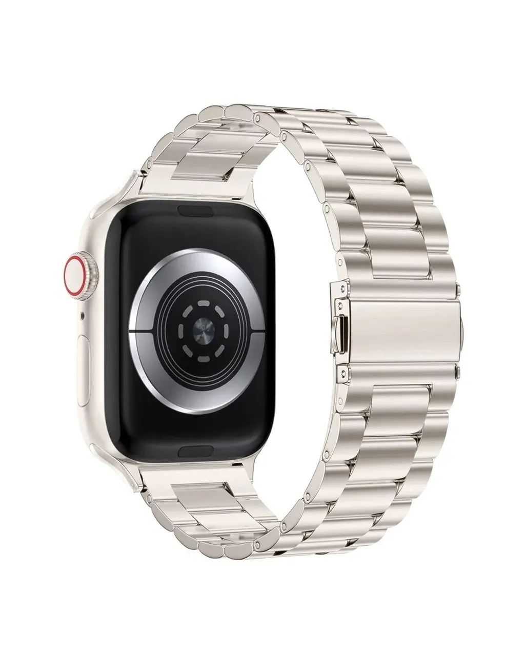 Silver stainless steel smartwatch band with metal link bracelet connector