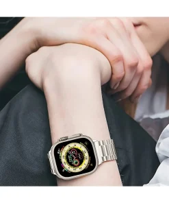 Stainless steel smartwatch with yellow dial face on wrist display