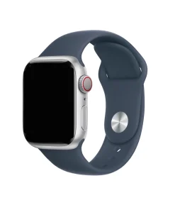 Silver smartwatch with storm blue sport band and red digital crown