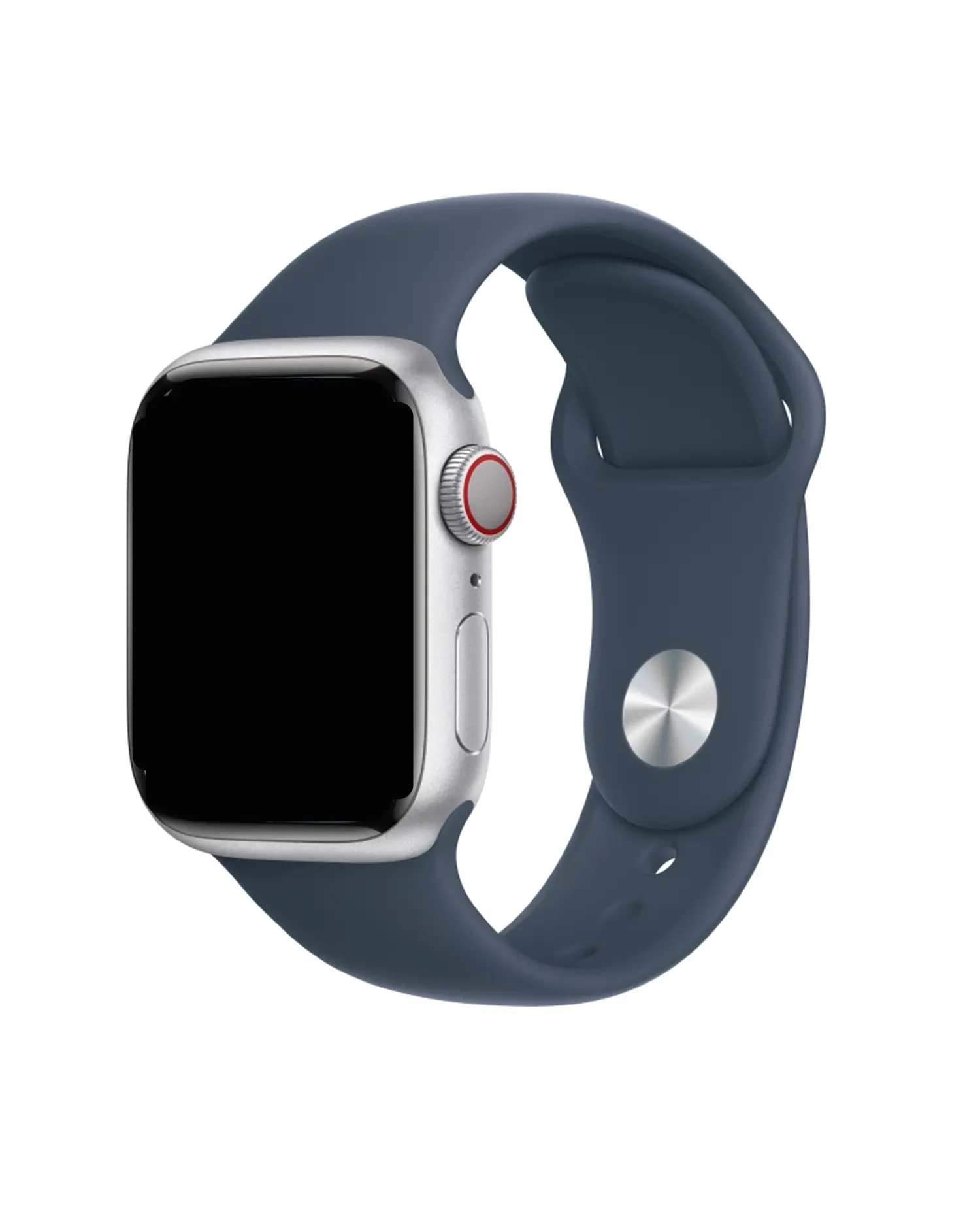 Silver smartwatch with storm blue sport band and red digital crown