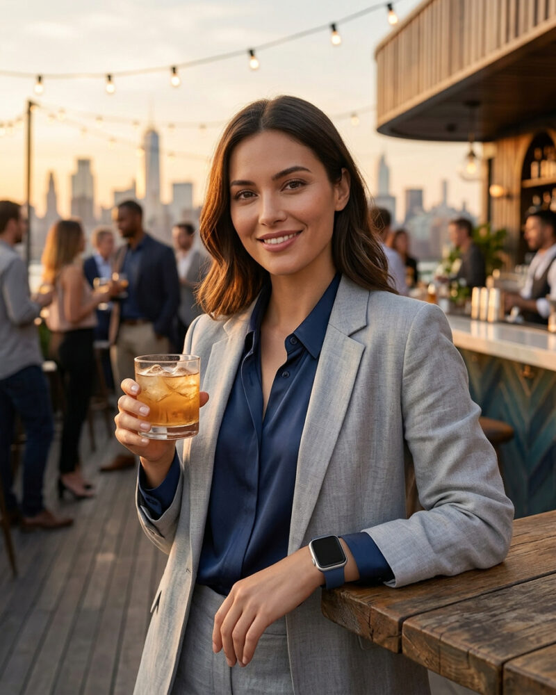 Woman wearing storm blue sport band smartwatch at rooftop bar
