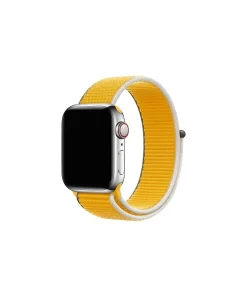 Apple Watch with yellow sport loop band and silver stainless steel case
