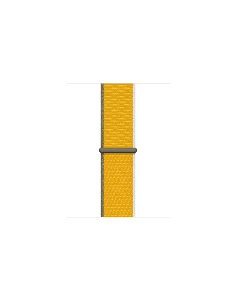Yellow Sport Loop watch band with gray edges and olive closure