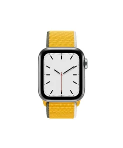 Smartwatch with yellow sport loop band and minimalist white dial face