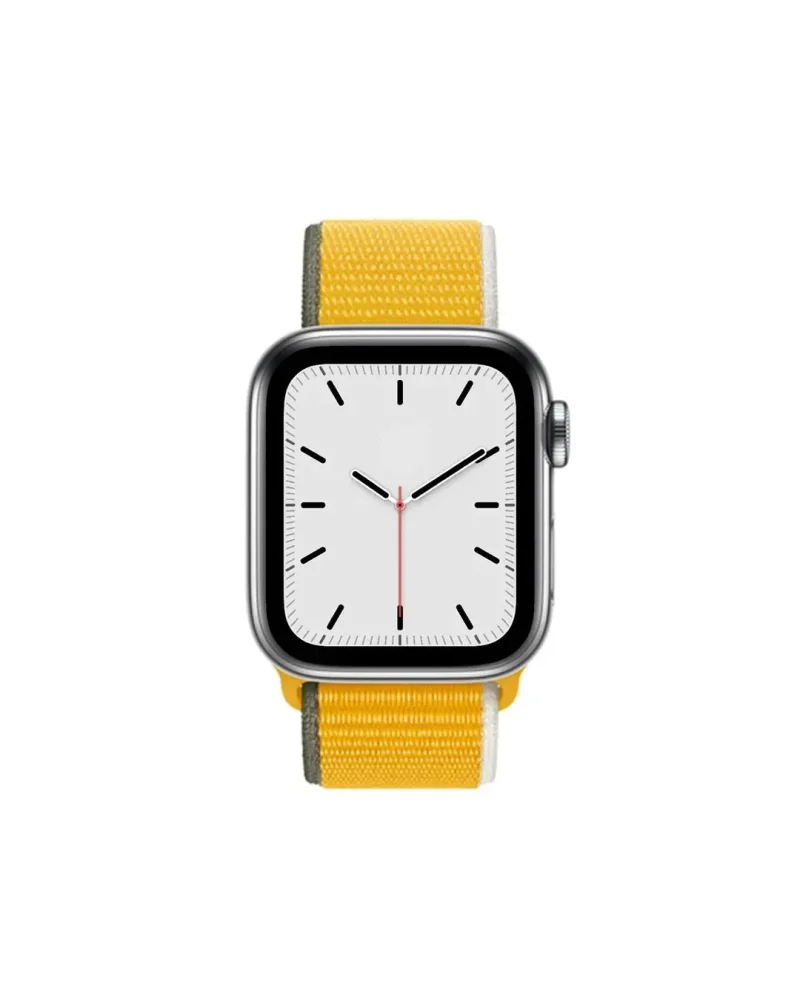 Smartwatch with yellow sport loop band and minimalist white dial face
