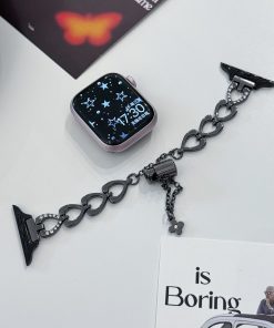 Black heart chain smartwatch band with rhinestone accents and charm details