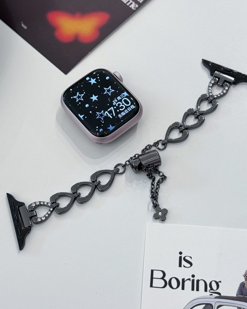 Black heart chain smartwatch band with rhinestone accents and charm details