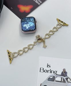 Gold chain bracelet with heart charms for smartwatch band attachment