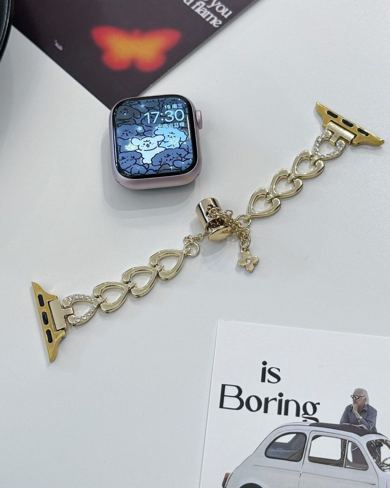 Gold chain bracelet with heart charms for smartwatch band attachment