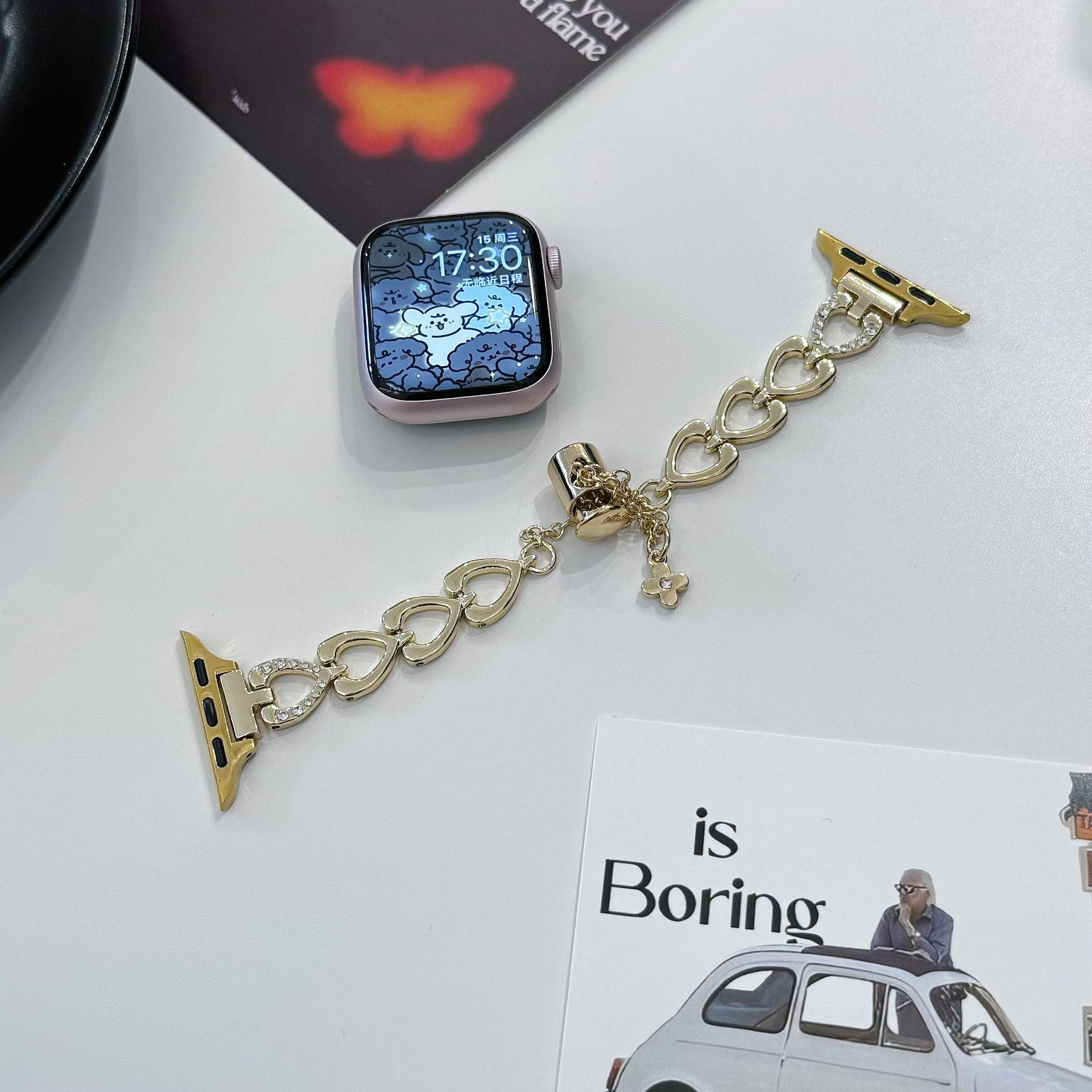 Gold chain bracelet with heart charms for smartwatch band attachment