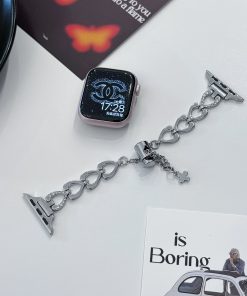 Silver heart charm bracelet band for smartwatch with rhinestones