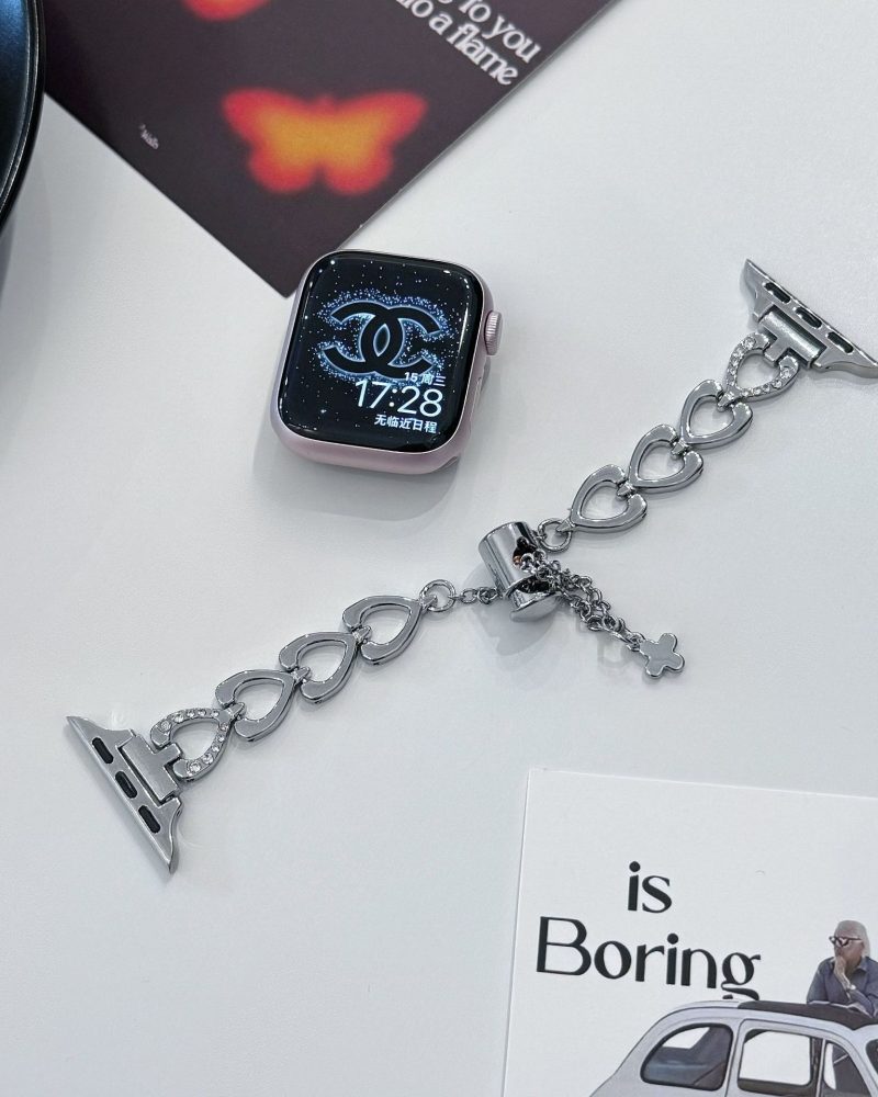 Silver heart charm bracelet band for smartwatch with rhinestones