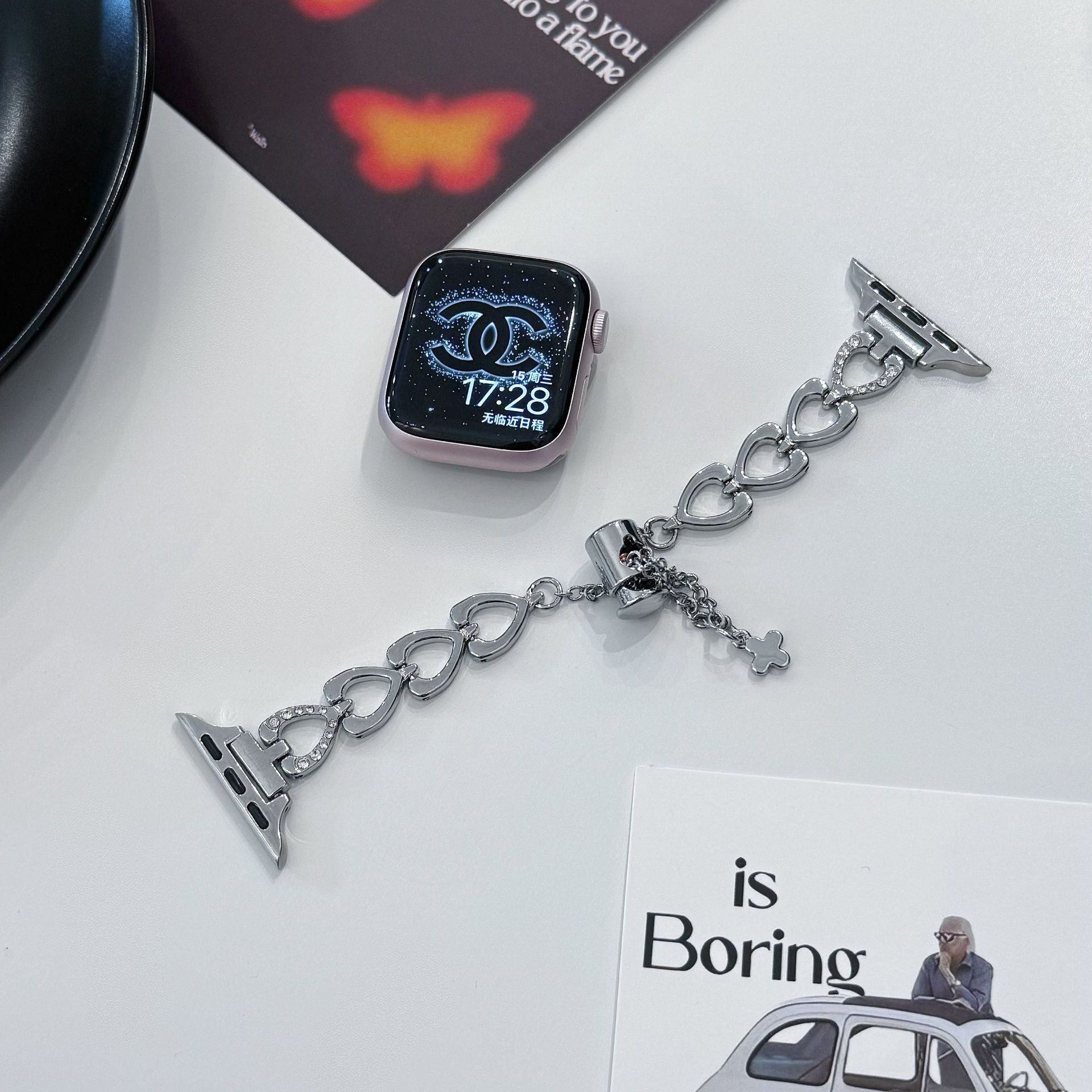 Silver heart charm bracelet band for smartwatch with rhinestones